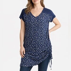 Schwiing Navy Floral Short Sleeve Ruched Tunic Leaf Dress Size Large